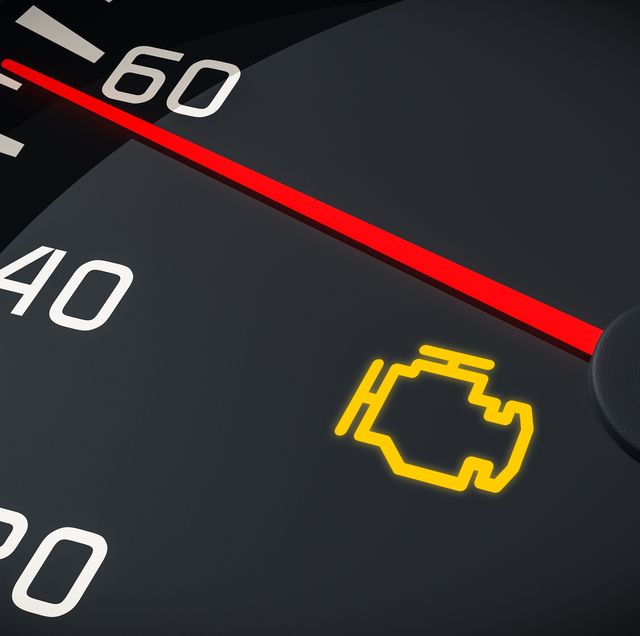 Illuminated check-engine warning light on a vehicle instrument cluster