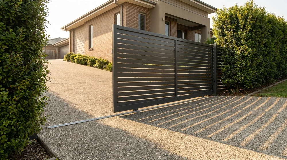 Modern automated sliding gate at a residential property